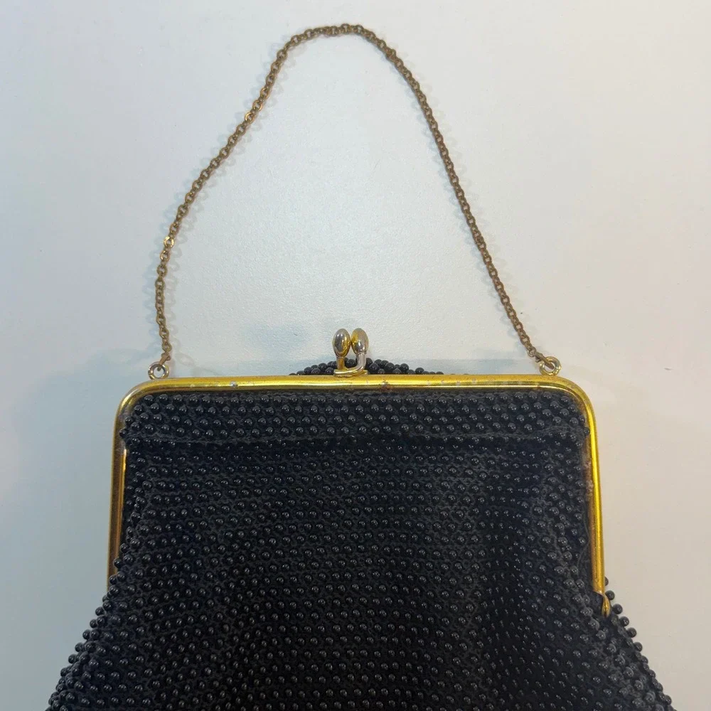 Beaded Evening Bag Small Black Vintage Kiss Lock Frame Purse Retro Glam Coquette